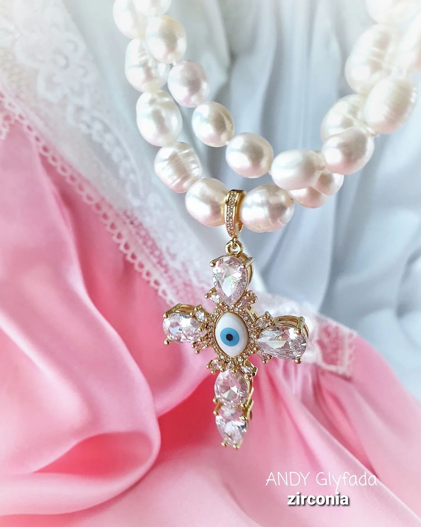 Cross Necklace Enamel with Zircons and Pearls 