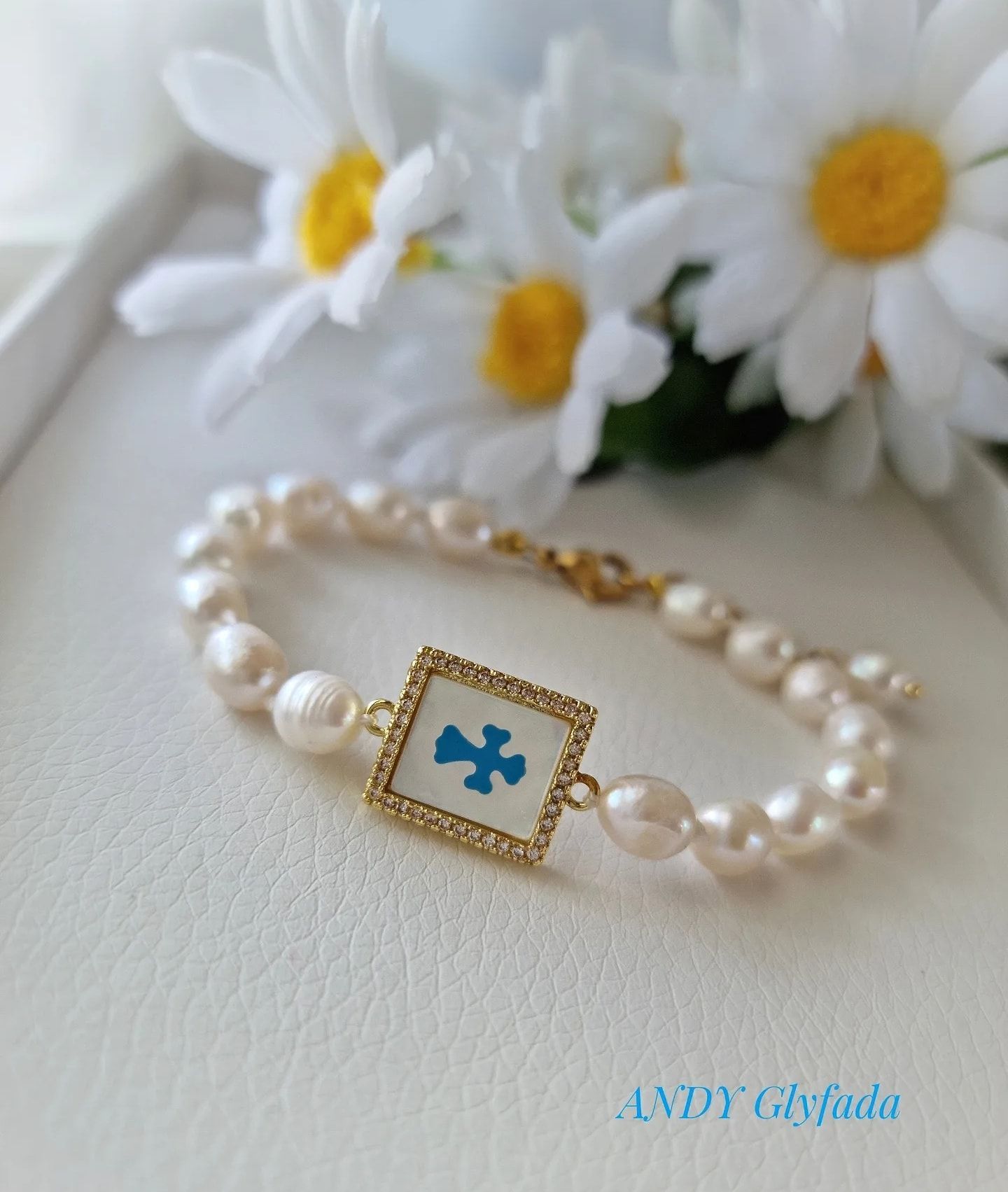 Handmade Enamel Bracelet with Zircons and Pearls 