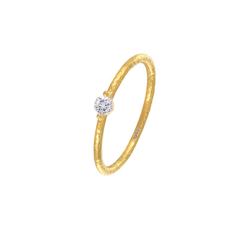 Hammered Solitaire Ring Silver 925 18K Gold Plated with Zircon