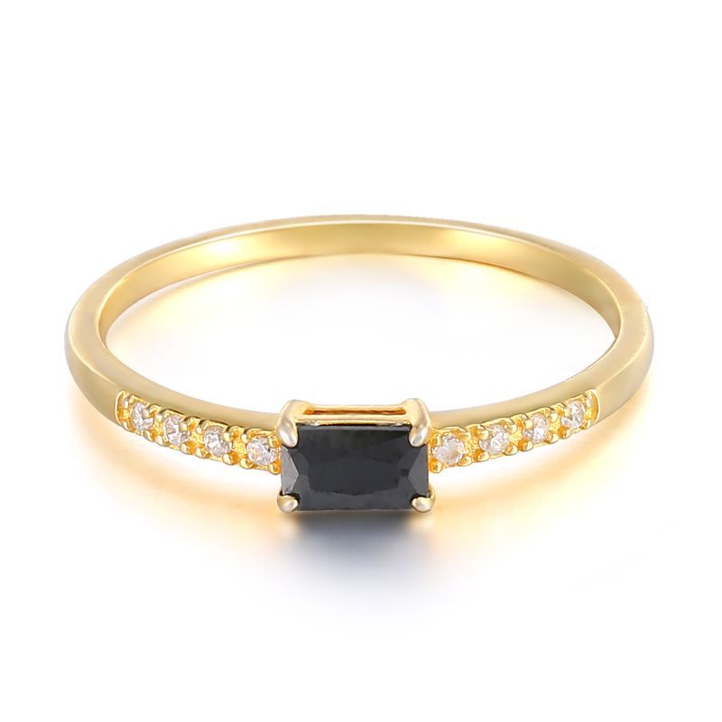 Solitaire Ring Sterling Silver 925 18K Gold Plated with Black Onyx Semiprecious Stone and Zircons