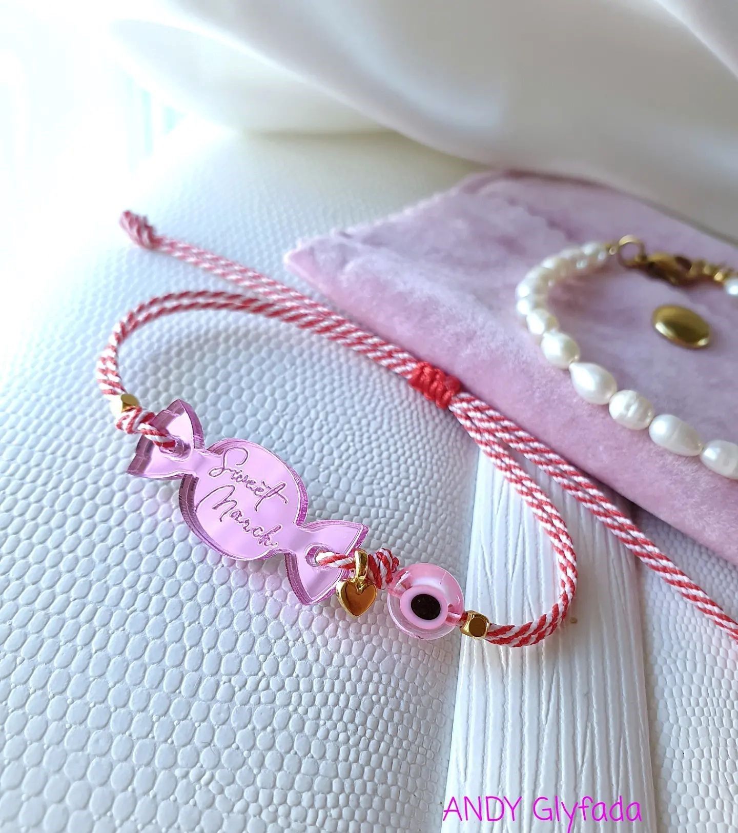 Handmade March Bracelet Candy Plexiglass with Macrame Cotton Cord and Glass Evil Eye