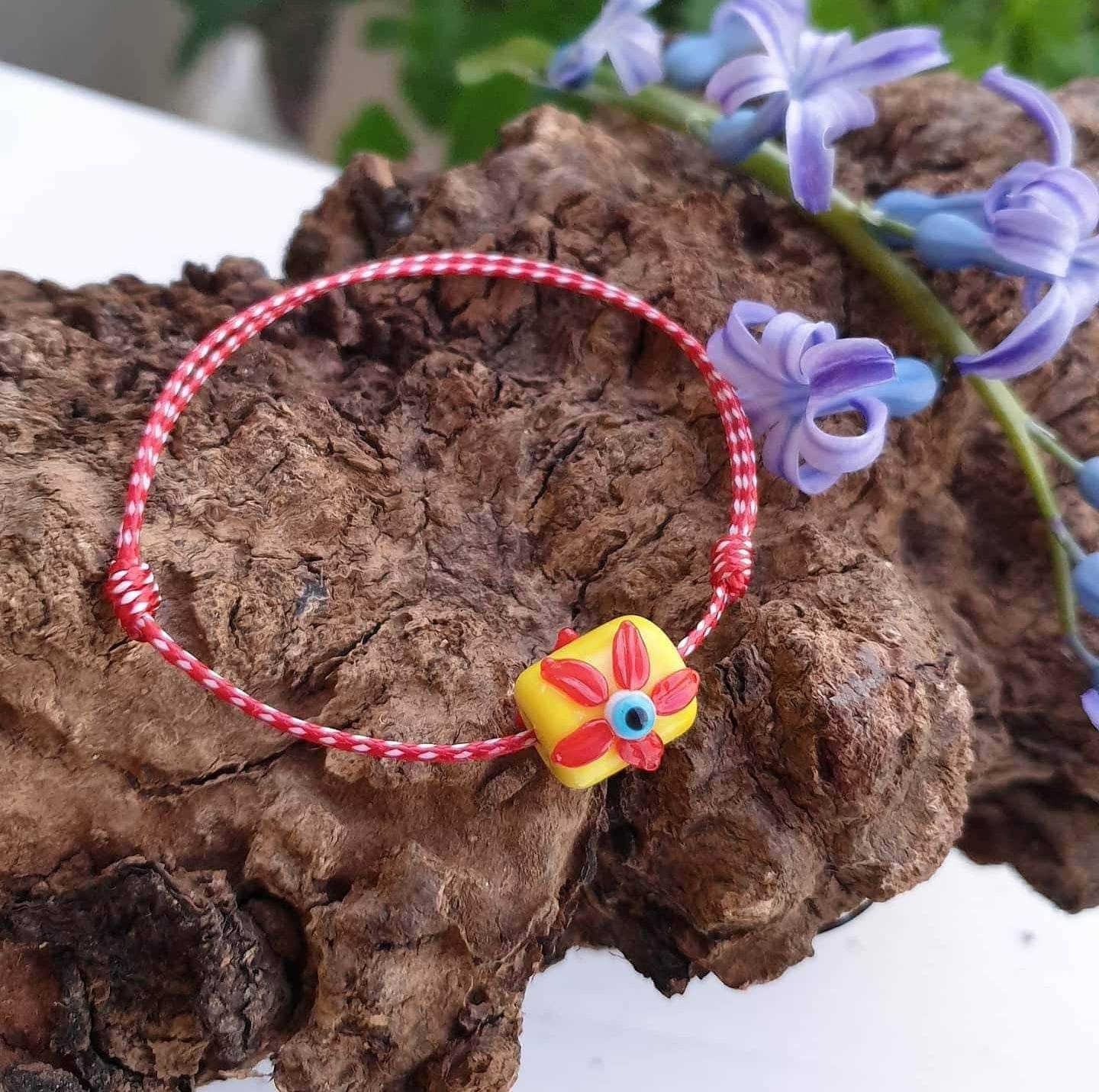 Handmade March Bracelet With Glass Evil Eye and Enamel On Macrame Cotton Cord