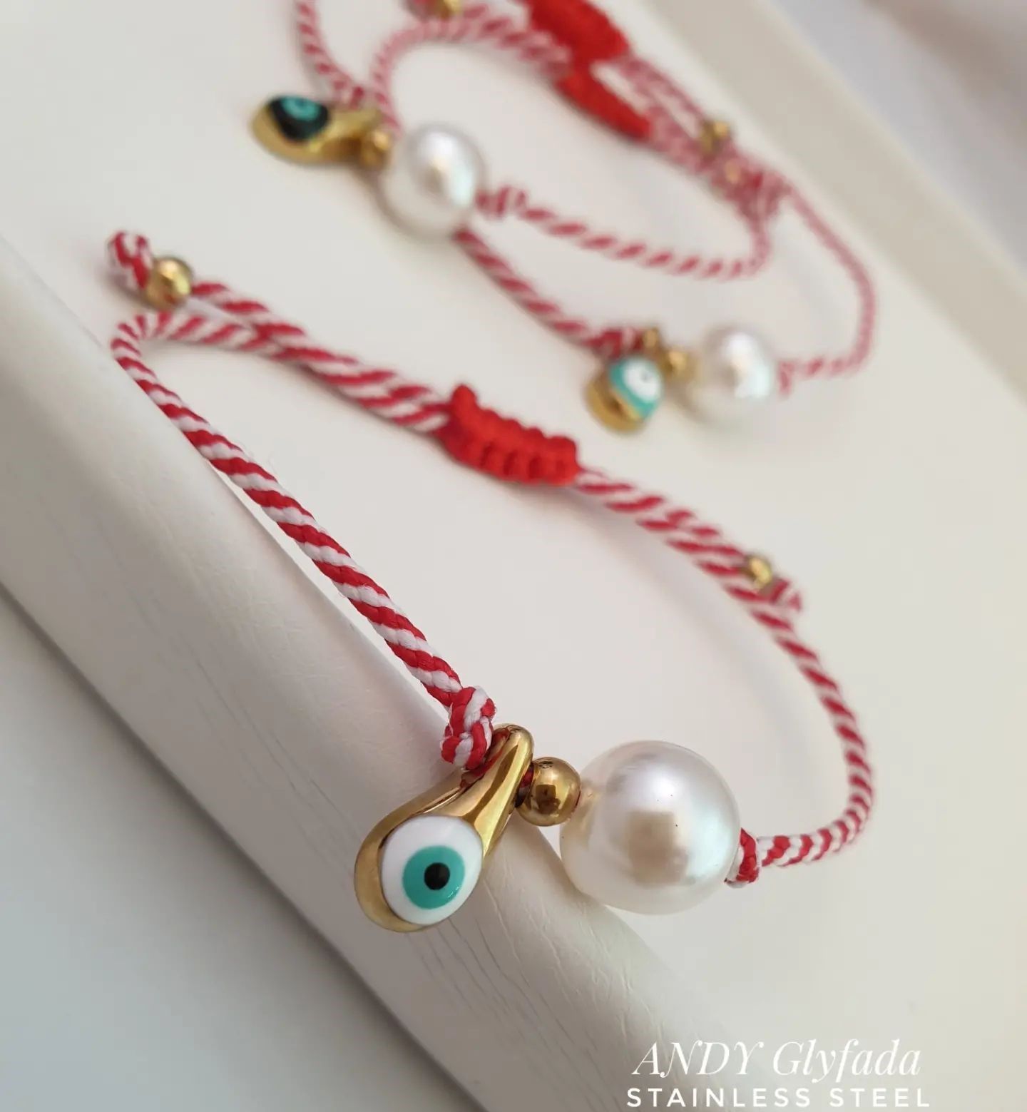 Handmade March Bracelet Drop Stainless Steel with Evil Eye Enamel and Pearl in Macrame Cotton Cord