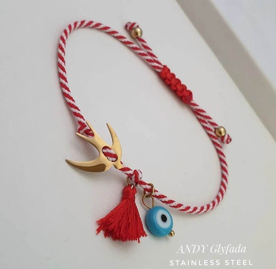 Handmade Stainless Steel Swallow March Bracelet on Cotton Cord Macrame with Cotton Tassel and Turquoise Evil Eye Glass