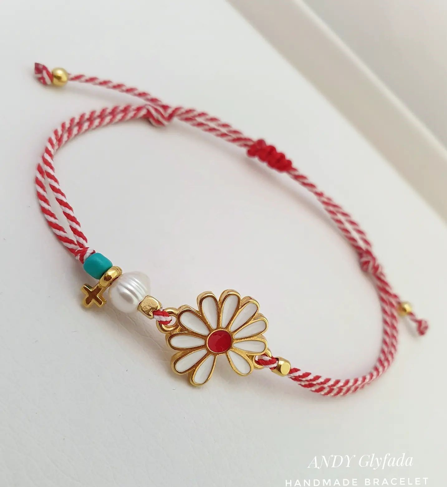Handmade March Bracelet Daisy with Enamel - Pearl and Turquoise Bead in Macrame Cotton Cord