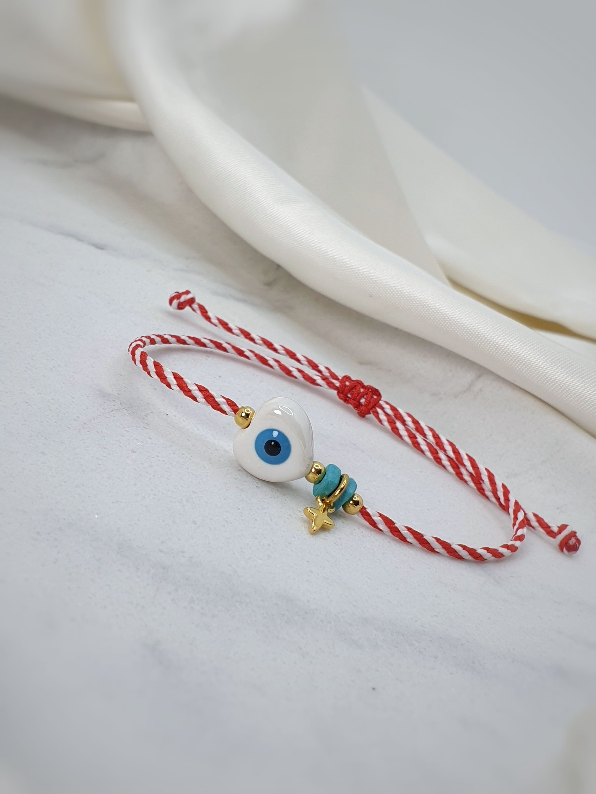 Handmade Bracelet Heart with Enamel Evil Eye in Macrame Cotton Cord