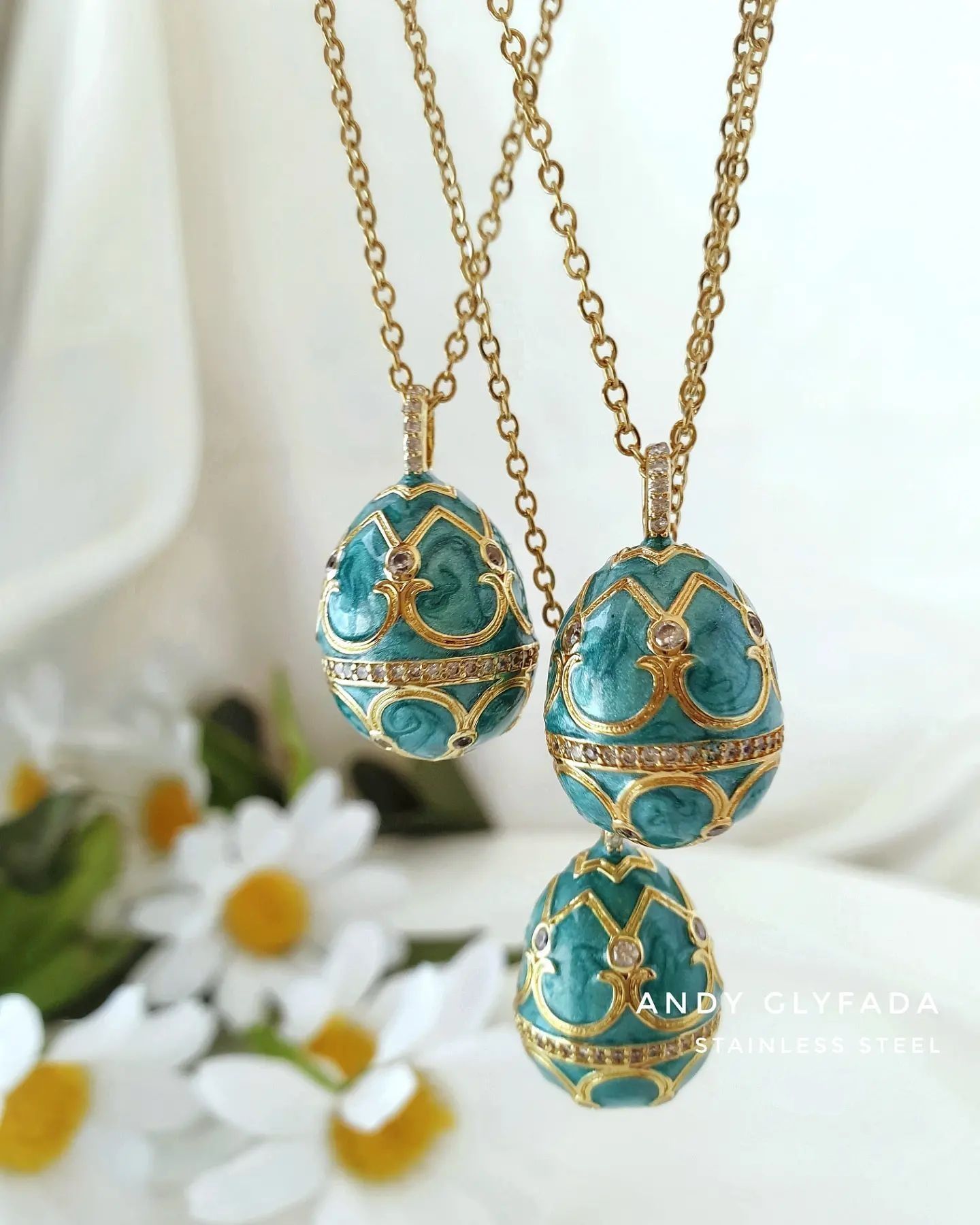 Carved Oval Enamel Egg Necklace with Zircons and Stainless Steel Chain