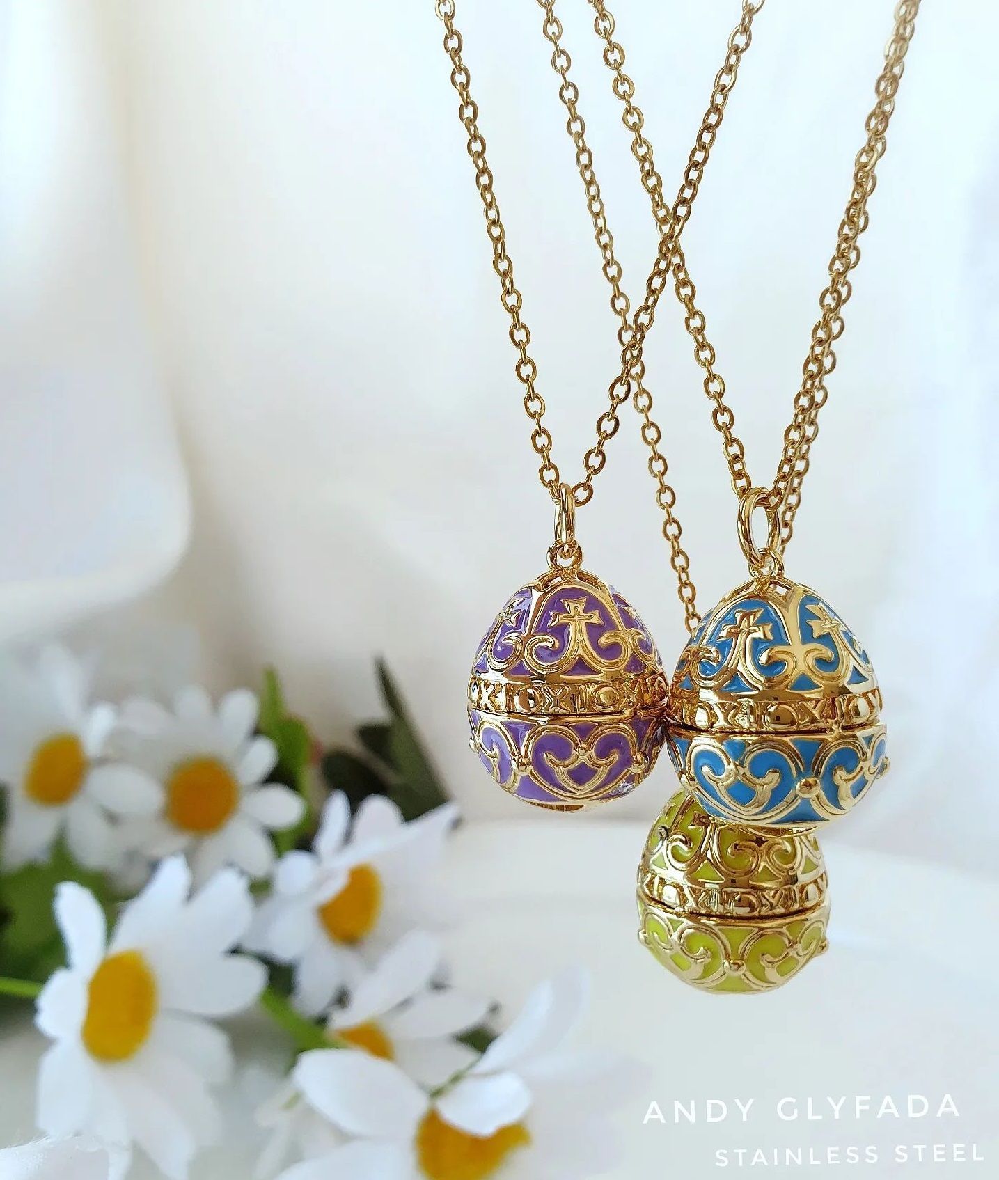Carved Egg Necklace with Enamel and Stainless Steel Chain