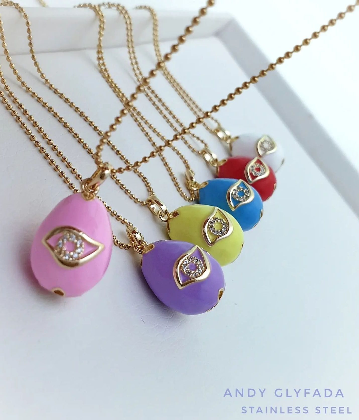 Enamel Egg Necklace with Zircons and Stainless Steel Chain