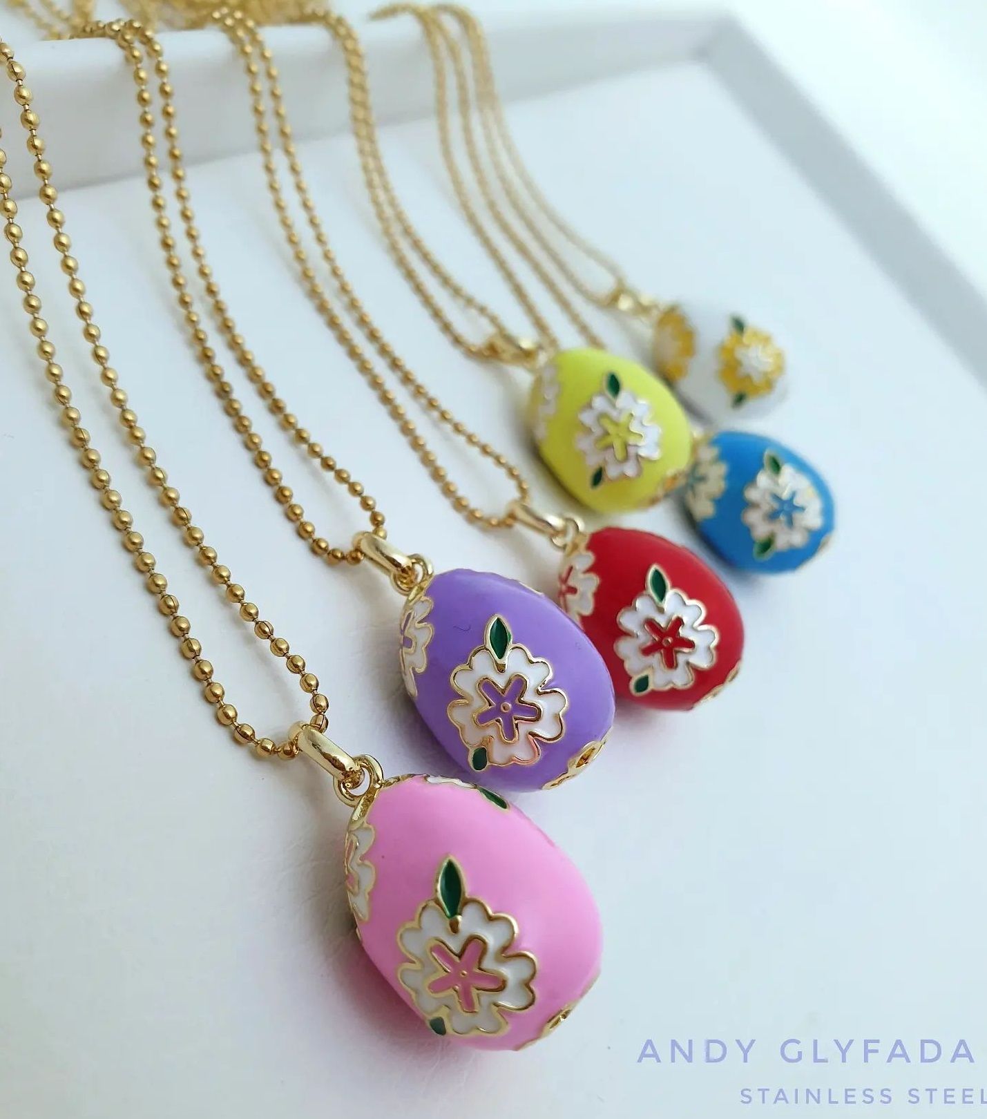 Enamel Egg Necklace with Stainless Steel Chain
