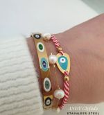 Handmade Enamel Evil Eye Stainless Steel March Bracelet with Macrame Cotton Cord