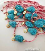 Handmade March Bracelet with Turquoise Semi-Precious Stone with Enamel Evil Eye in Macrame Cotton Cord