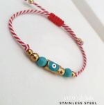 Handmade March Bracelet from Stainless Steel Bar with Enamel Evil Eye on Macrame Cotton Cord and Turquoise Stones