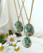 Carved Oval Enamel Egg Necklace with Zircons and Stainless Steel Chain